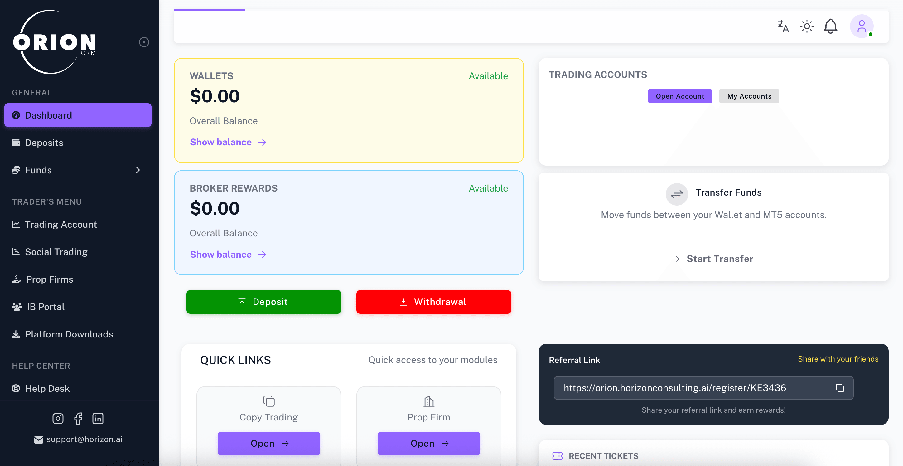 Dashboard principal de Orion CRM